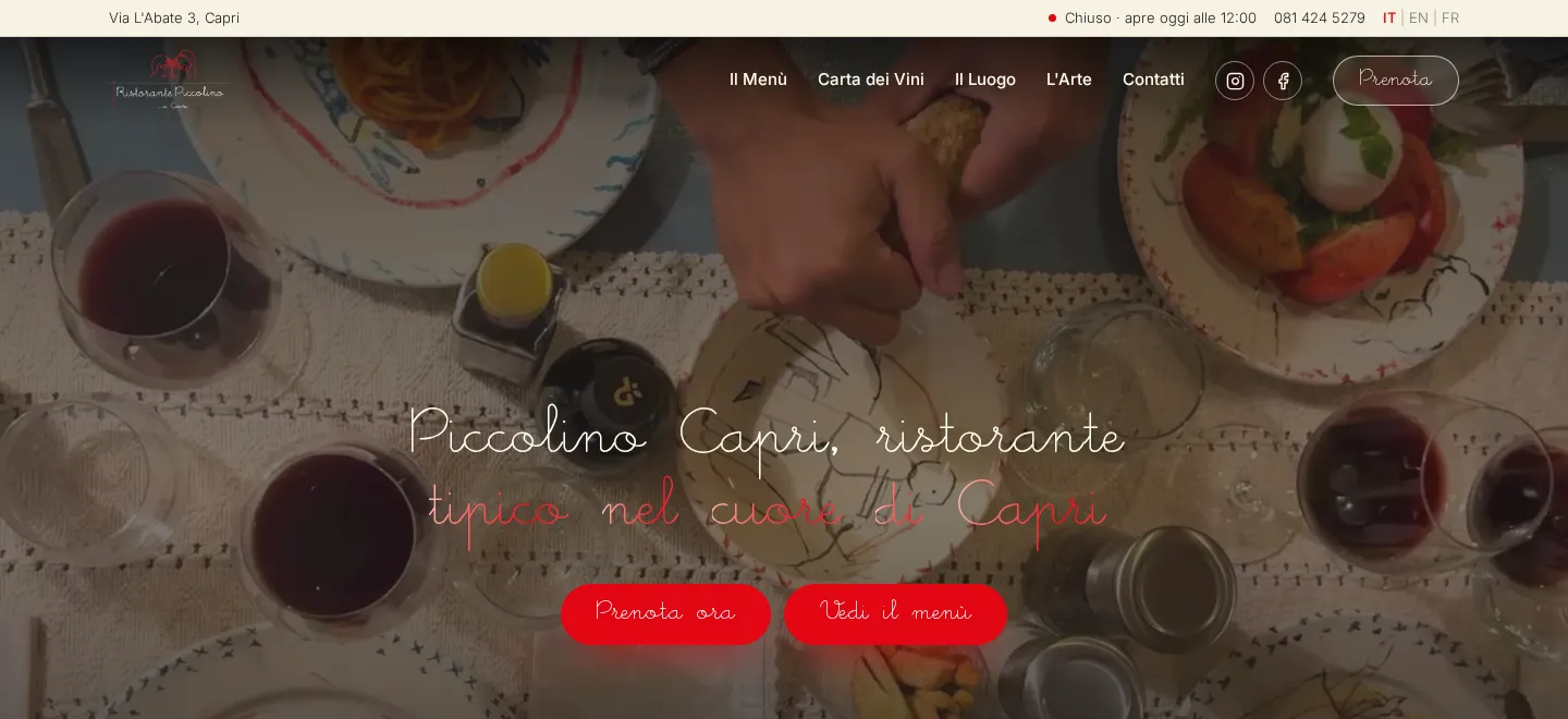 Homepage desktop di piccolinocapri.com con hero fotografico e pulsanti Prenota ora e Vedi il menù