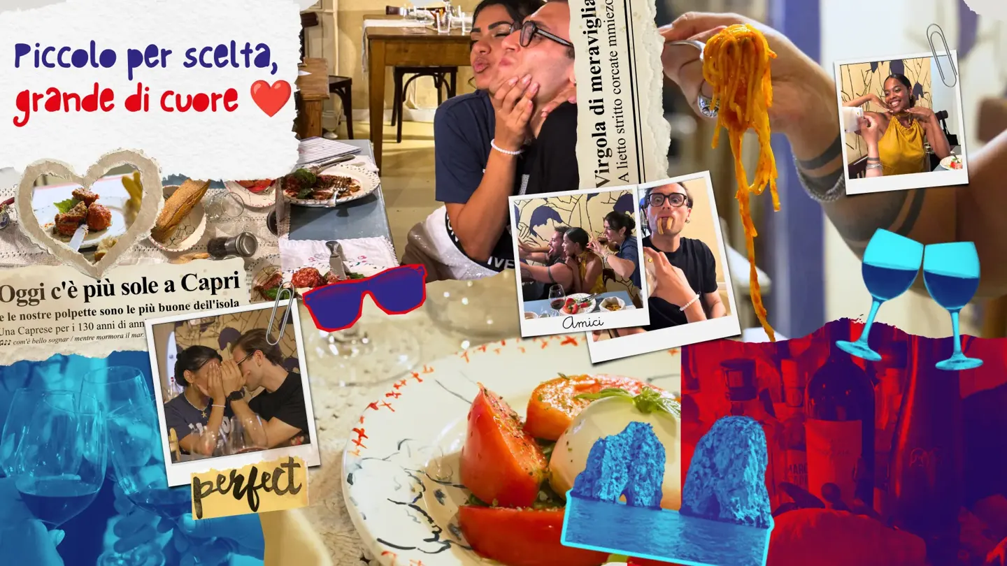 Collage editoriale ufficiale del Ristorante Piccolino con piatti, ospiti e Faraglioni