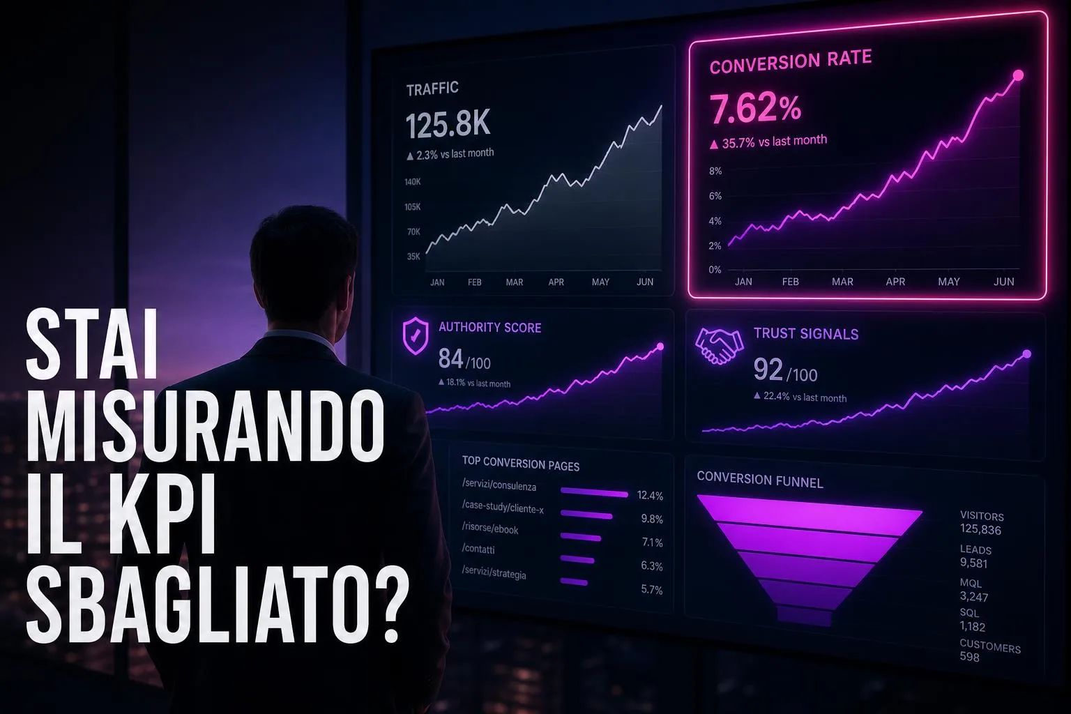 Dashboard marketing con metriche di traffico e conversioni a confronto