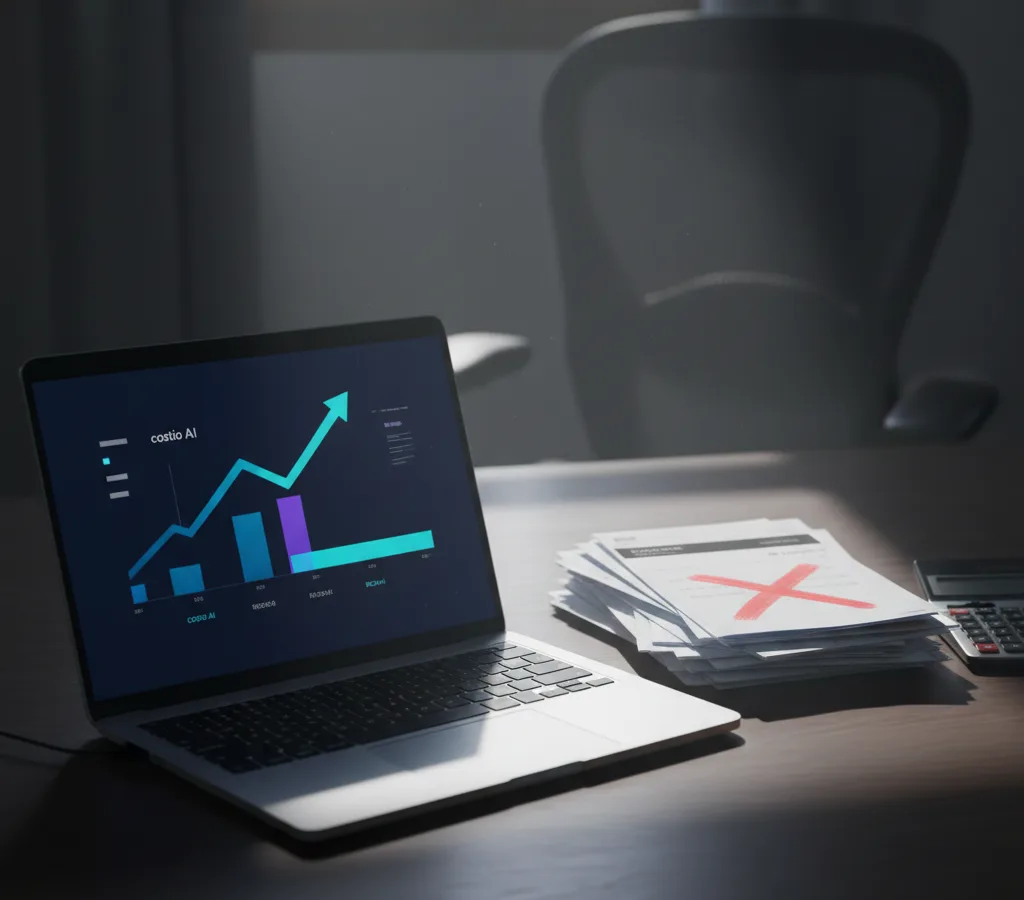 Professionista osserva un grafico in crescita lenta, simbolo del ROI dell’AI che tarda ad arrivare