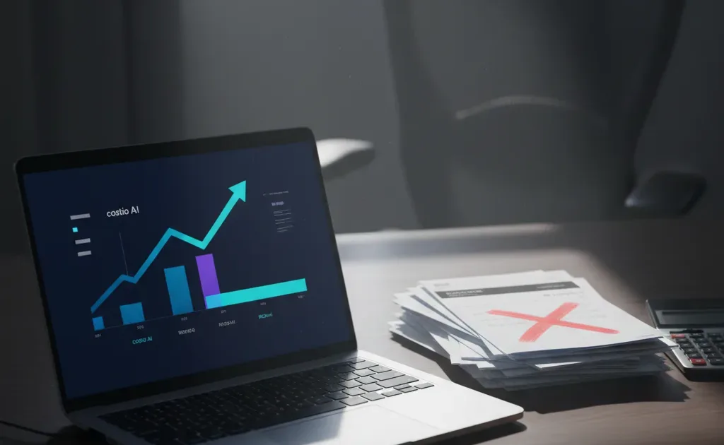 Professionista osserva un grafico in crescita lenta, simbolo del ROI dell’AI che tarda ad arrivare