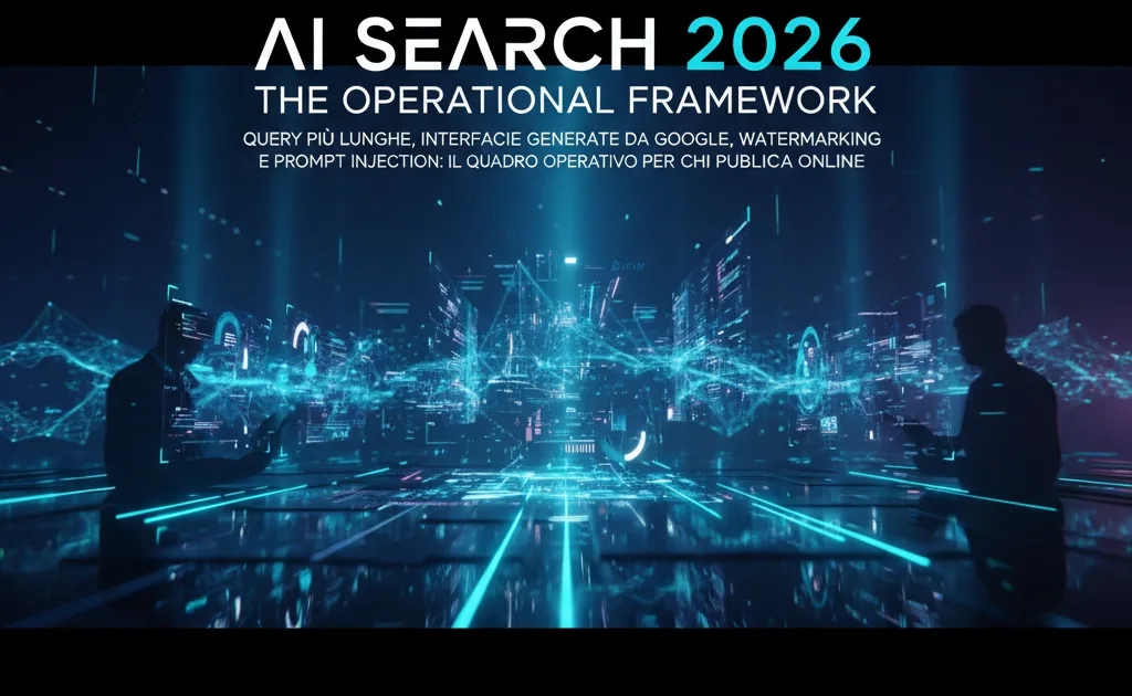 Illustrazione di una ricerca AI su monitor, tra risultati SEO e contenuti digitali per il 2026