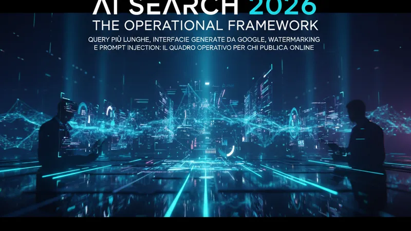 Illustrazione di una ricerca AI su monitor, tra risultati SEO e contenuti digitali per il 2026