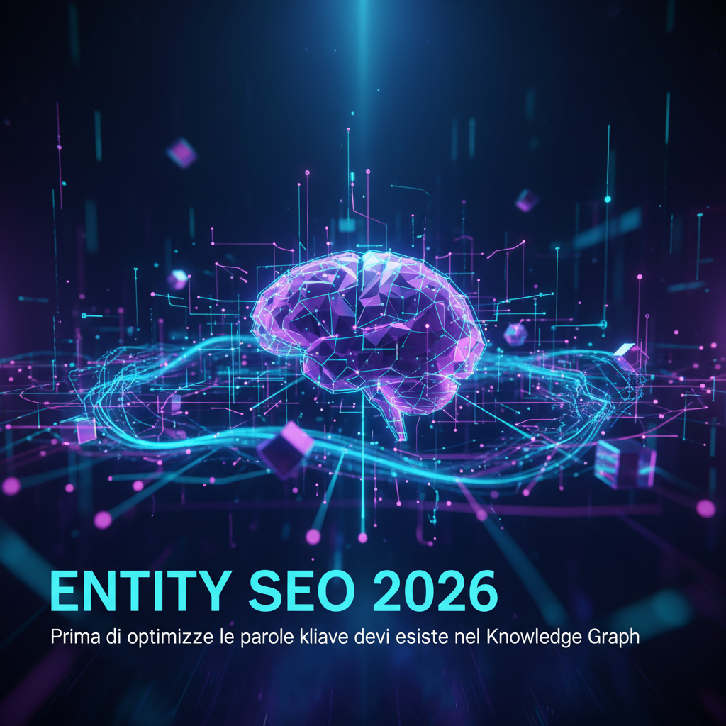 Brand connesso a Google e ai motori AI in una rete di entità digitali, tema Entity SEO 2026
