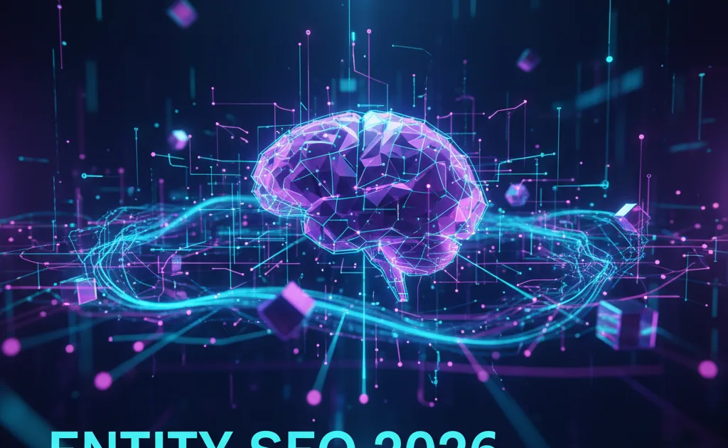 Brand connesso a Google e ai motori AI in una rete di entità digitali, tema Entity SEO 2026