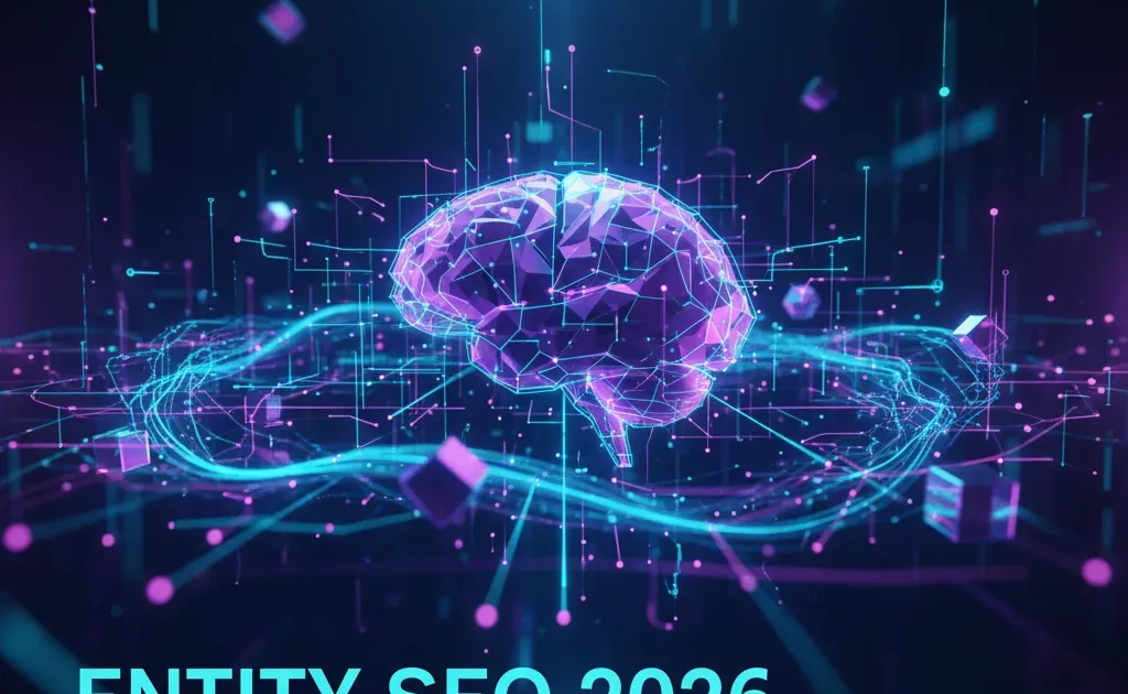 Brand connesso a Google e ai motori AI in una rete di entità digitali, tema Entity SEO 2026