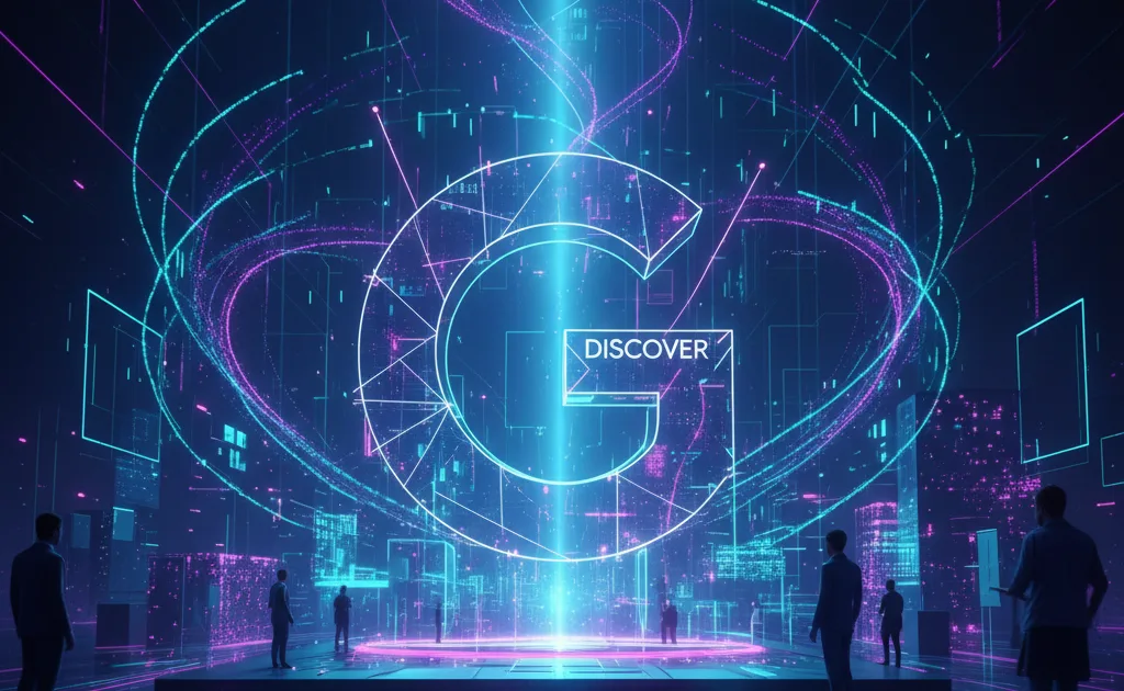 Schermo desktop con feed Google Discover e grafico sul primo core update del 2026