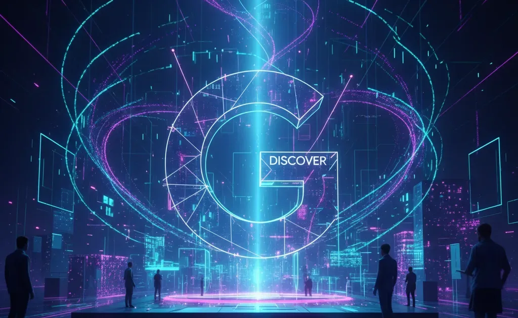 Schermo desktop con feed Google Discover e grafico sul primo core update del 2026