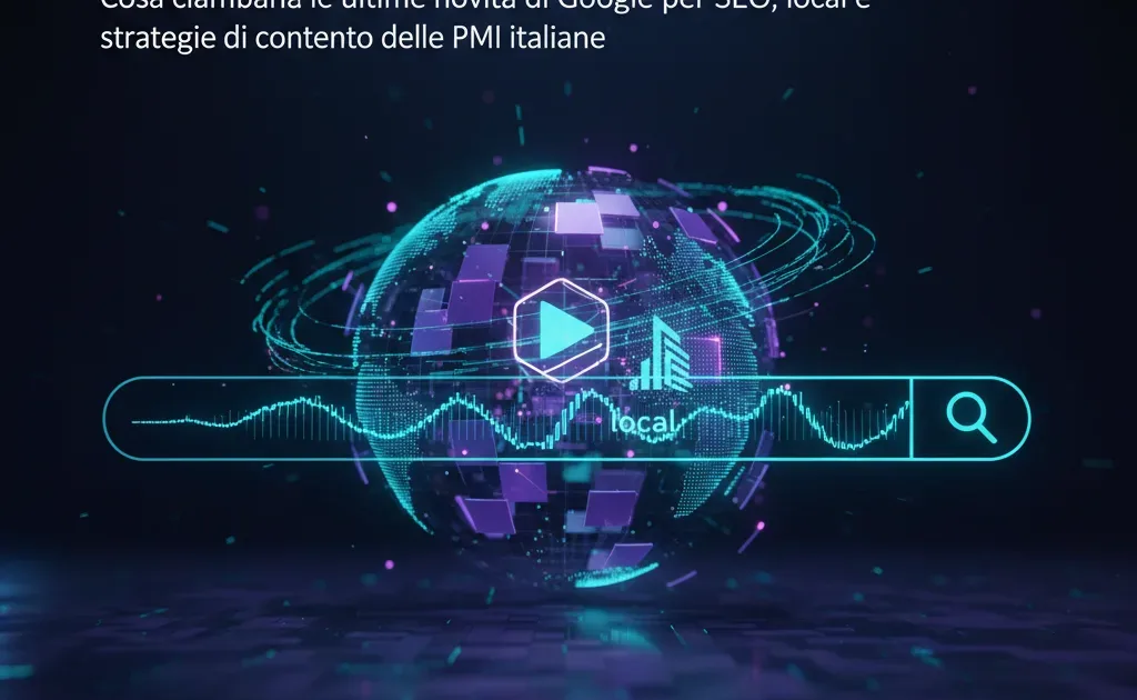 Schermata di Google Search con video e profilo Google Business, simboli degli aggiornamenti della ricerca