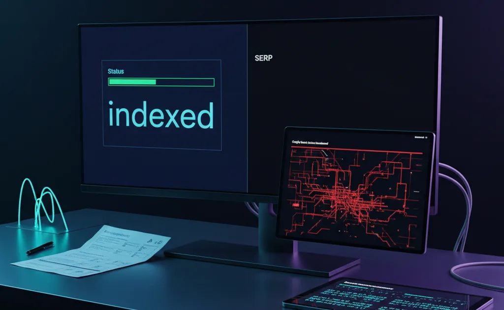 Schermata di Google Search in tilt con contenuti indicizzati ma invisibili in SERP e scudo GEO