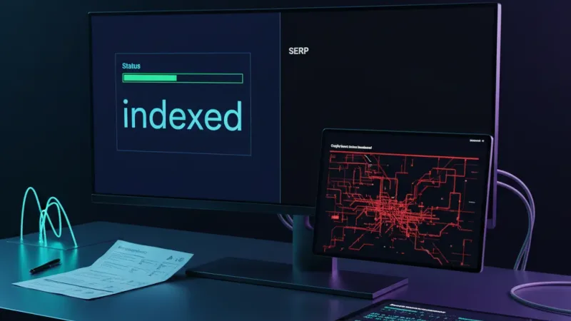 Schermata di Google Search in tilt con contenuti indicizzati ma invisibili in SERP e scudo GEO