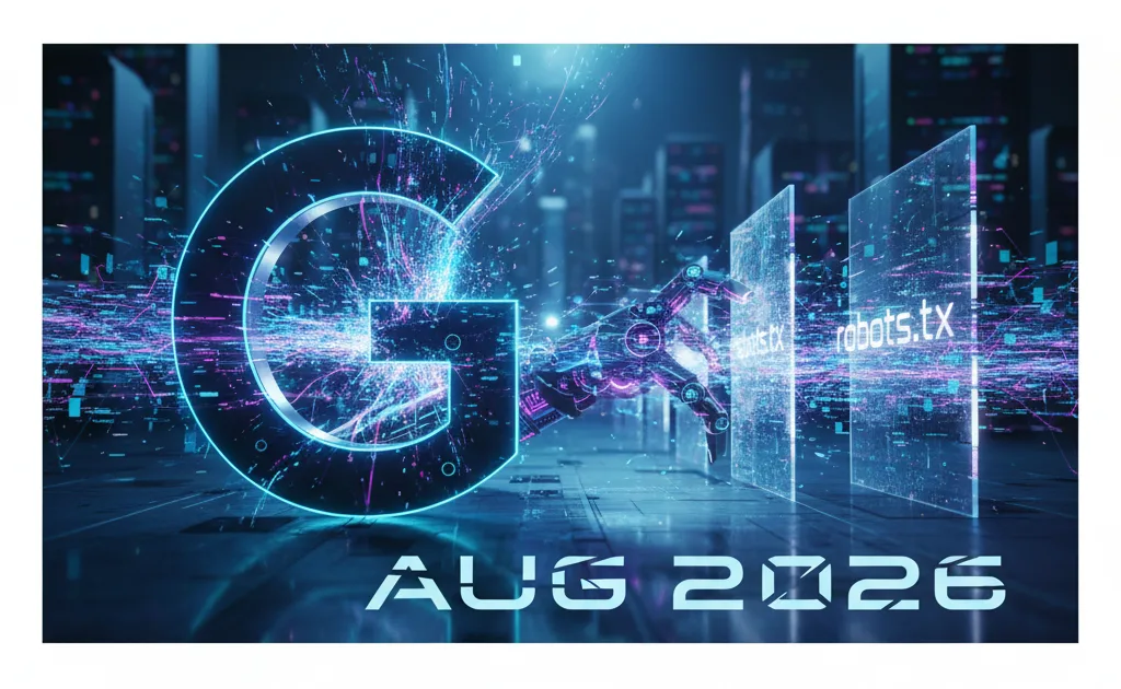 Robot AI analizza risultati Google con simboli di spam e crawler, tema del Google Spam Update