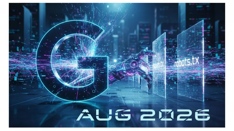 Robot AI analizza risultati Google con simboli di spam e crawler, tema del Google Spam Update
