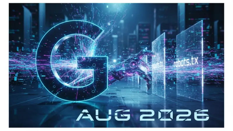 Robot AI analizza risultati Google con simboli di spam e crawler, tema del Google Spam Update