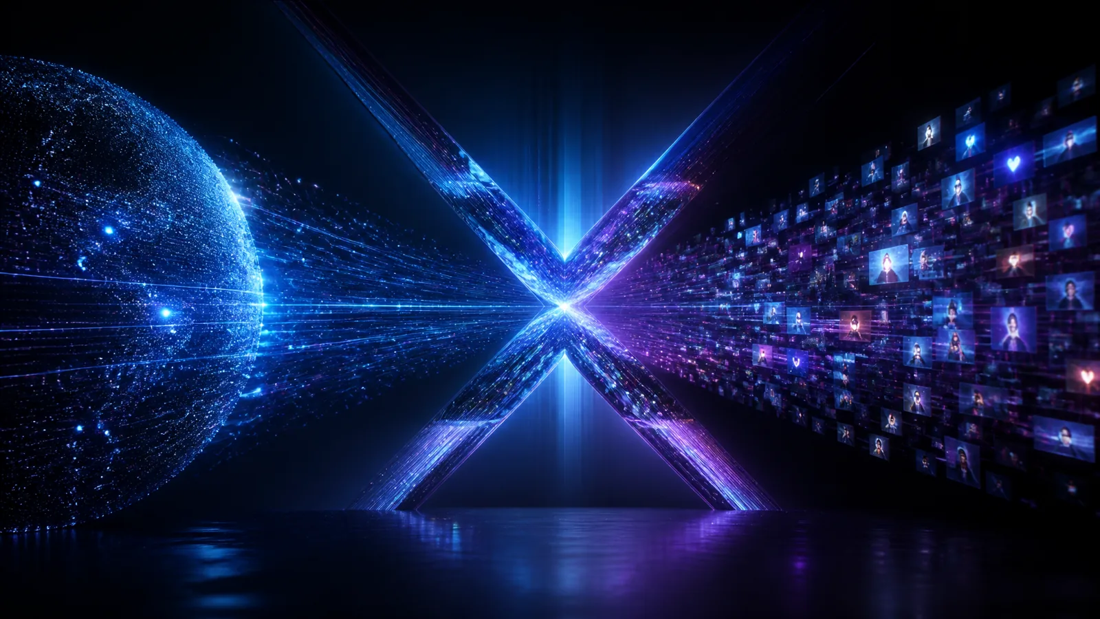 Struttura luminosa a forma di X con flussi di dati dal web aperto e dai post di X, simbolo della ricerca AI di Grok nel 2026