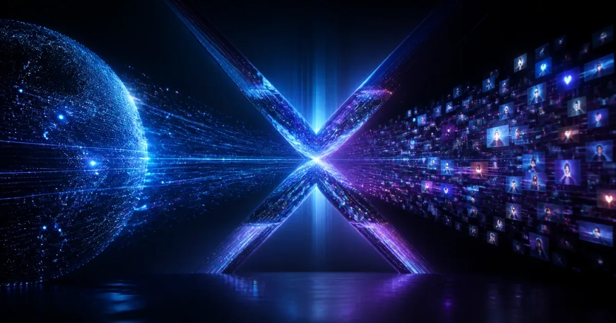 Struttura luminosa a forma di X con flussi di dati dal web aperto e dai post di X, simbolo della ricerca AI di Grok nel 2026