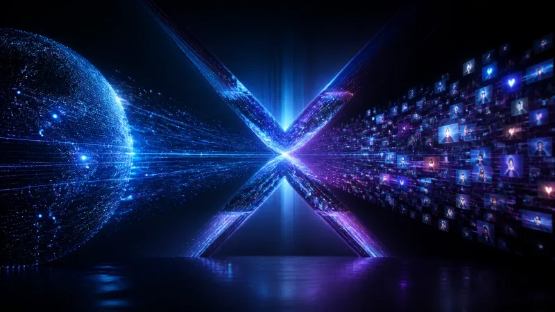 Struttura luminosa a forma di X con flussi di dati dal web aperto e dai post di X, simbolo della ricerca AI di Grok nel 2026