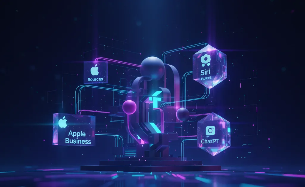 Mappa digitale con attività locali collegate ad Apple Business, Bing Places e risposte AI