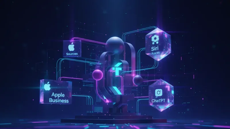 Mappa digitale con attività locali collegate ad Apple Business, Bing Places e risposte AI