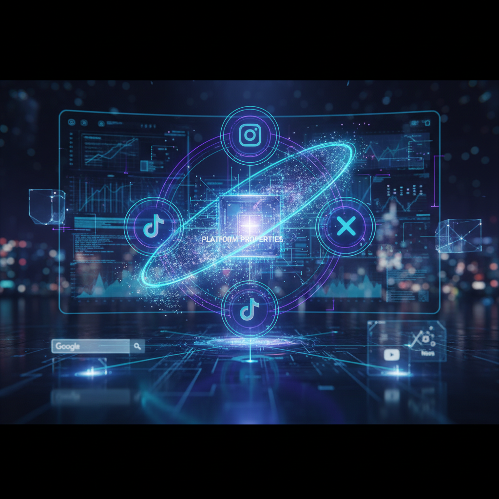 Icone di Instagram, TikTok, X e YouTube collegate a una dashboard Search Console per gestire le platform properties