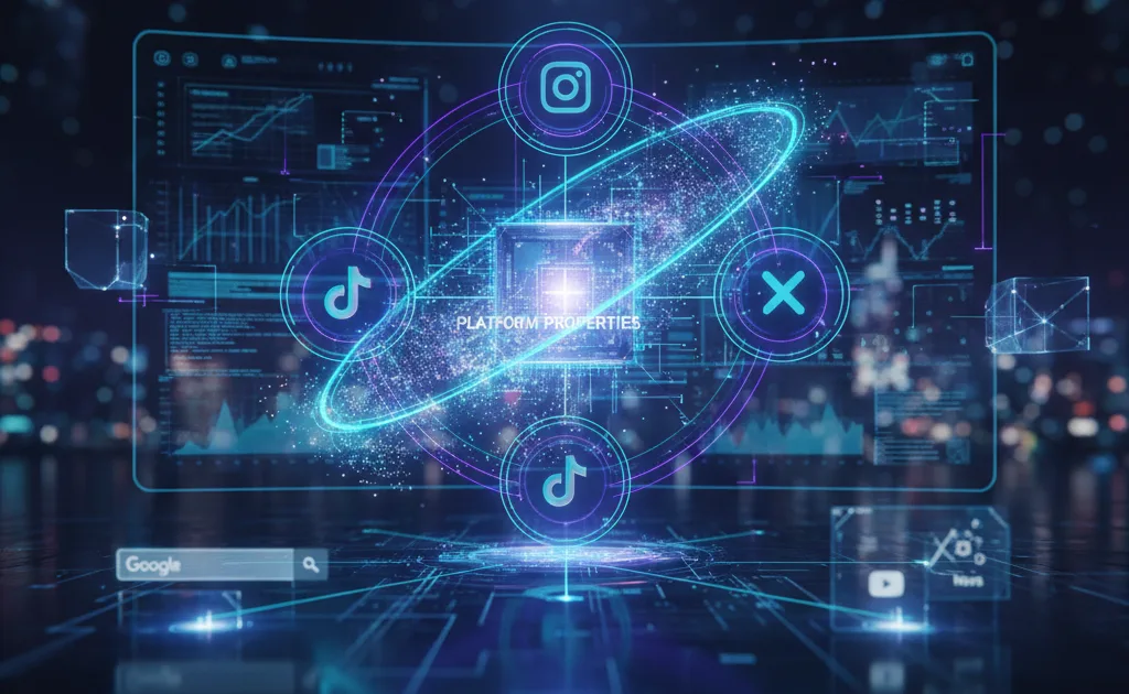 Icone di Instagram, TikTok, X e YouTube collegate a una dashboard Search Console per gestire le platform properties