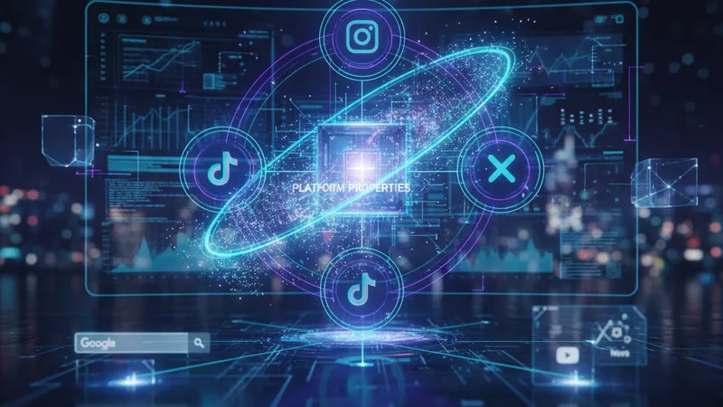 Icone di Instagram, TikTok, X e YouTube collegate a una dashboard Search Console per gestire le platform properties