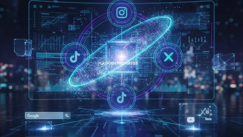 Icone di Instagram, TikTok, X e YouTube collegate a una dashboard Search Console per gestire le platform properties
