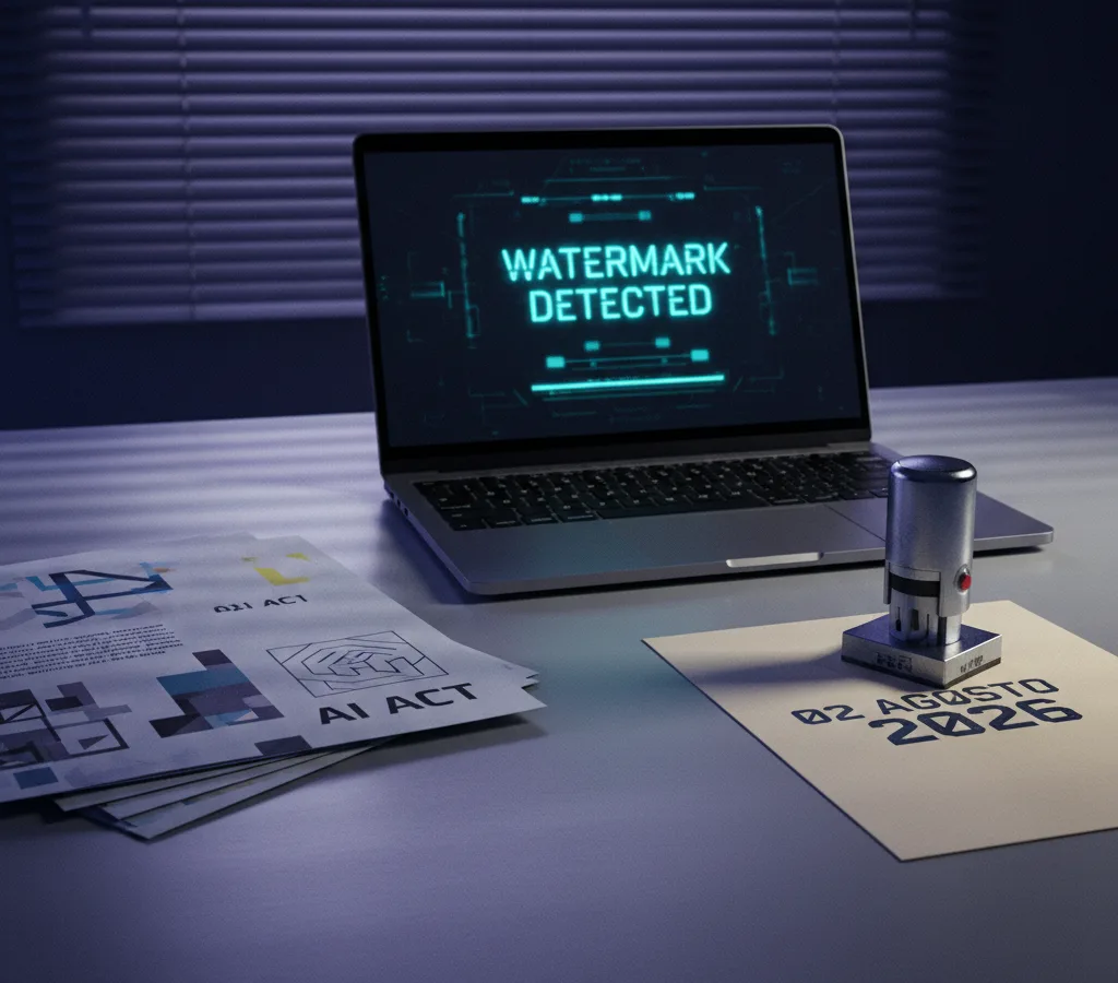 Schermo con testo generato dall’AI, watermark digitale e simbolo UE sull’obbligo di marcatura dal 2 agosto 2026