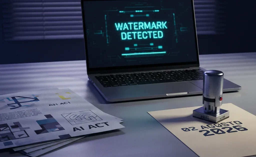 Schermo con testo generato dall’AI, watermark digitale e simbolo UE sull’obbligo di marcatura dal 2 agosto 2026