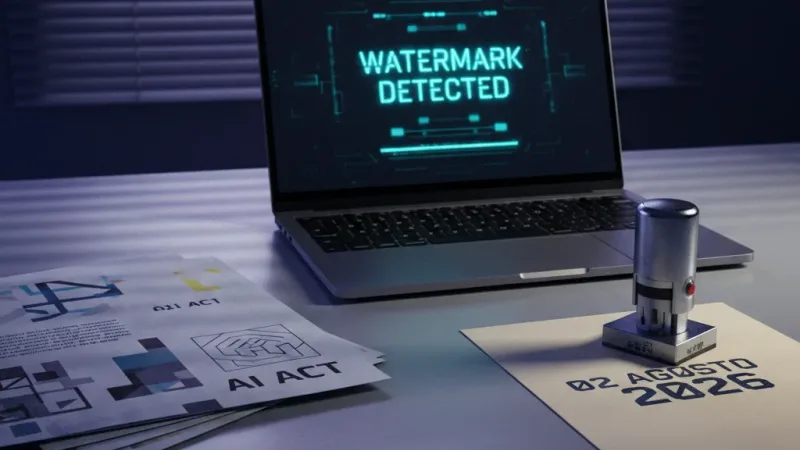 Schermo con testo generato dall’AI, watermark digitale e simbolo UE sull’obbligo di marcatura dal 2 agosto 2026