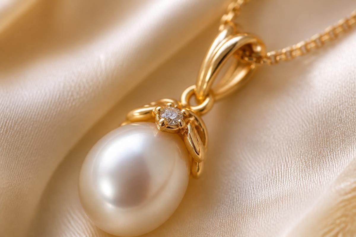 Dettaglio pendente in oro 18kt e perla d'acqua dolce — LELUNE Gioielli