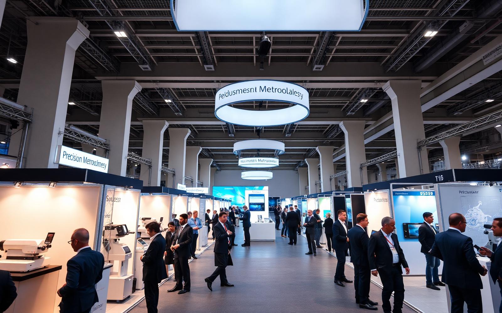 Padiglione fieristico WMD Event con visitatori business e stand espositivi di metrologia