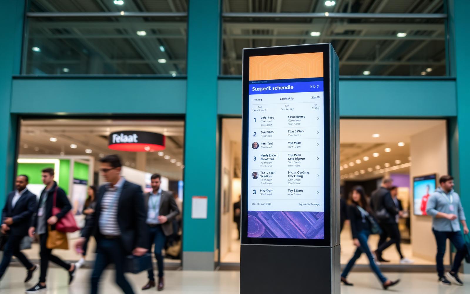 Totem digital signage con programma e speaker del WMD Event